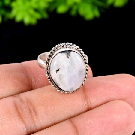 Handmade Brass Oxidized Ring with Rainbow Moonstone for Women